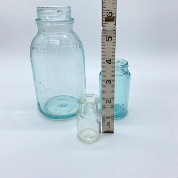 Vintage Lot of 3 Mellin's Food Jar Variety Glass Aqua Blue Clear 1 UV Reactive - Picture 2 of 16
